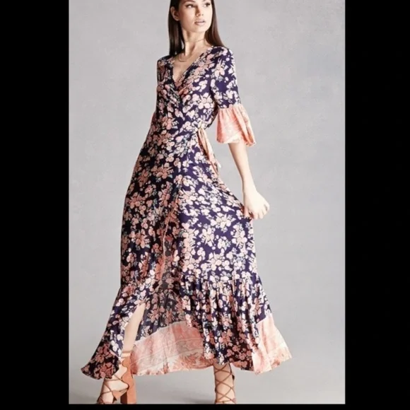 Selfie Leslie Floral Wrap Dress large maxi bohemian ruffle size L cottagecore - Picture 1 of 16